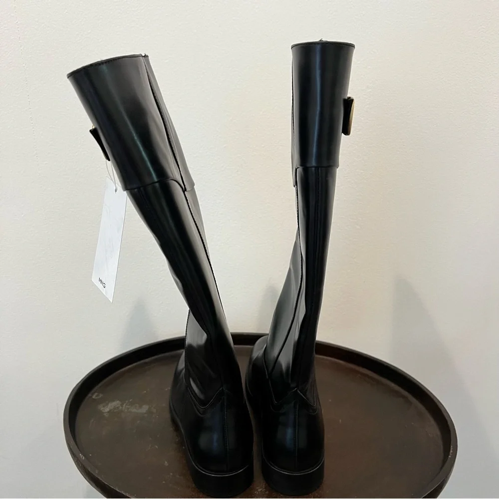 NWT Mango Black Leather Knee-High Riding Boots size 8 (38)